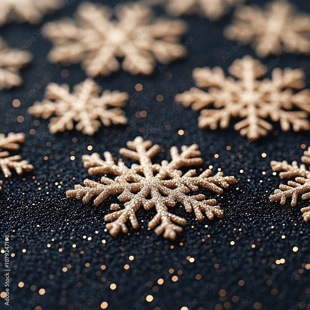 Holiday Merry Christmas, Happy New Year. Dark black background golden Christmas snowflakes close up Holiday Merry Christmas, Happy New Year. Dark black background golden Christmas snowflakes close up