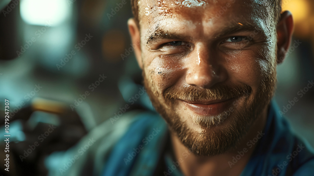 A mechanic in his workshop, smiling due to a job well done, fully dedicated and professional in his work, while covered in oil from hard labor. A mechanic in his workshop, smiling due to a job well done, fully dedicated and professional in his work, while covered in oil from hard labor.