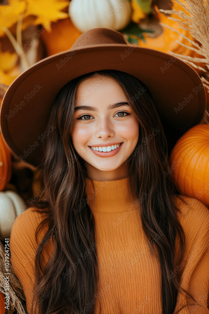 Young woman with a wide smile wearing a brown hat surrounded by autumn pumpkins Young woman with a wide smile wearing a brown hat surrounded by autumn pumpkins