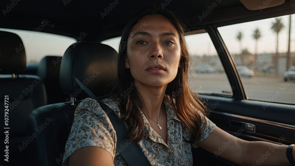 Woman driving a car, looking determined and focused. Woman driving a car, looking determined and focused.