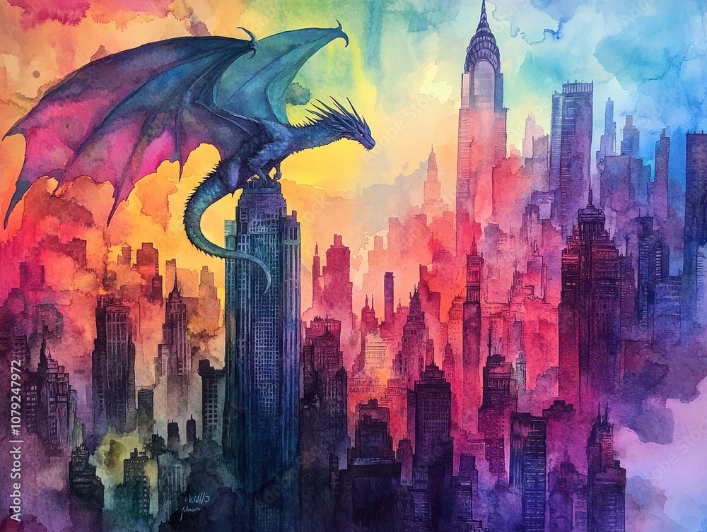 Fototapeta premium Watercolor painting featuring a dragon perched atop a skyscraper, overlooking a dreamlike city engulfed in a mystical twilight, casting shadows with a rainbow aura