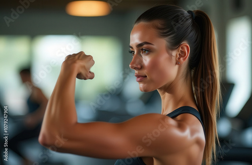 athletic girl in the gym shows her biceps photo