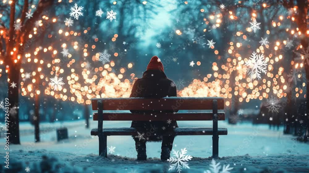 Lonely person sitting on snowy bench watching falling snow under christmas lights 4k video