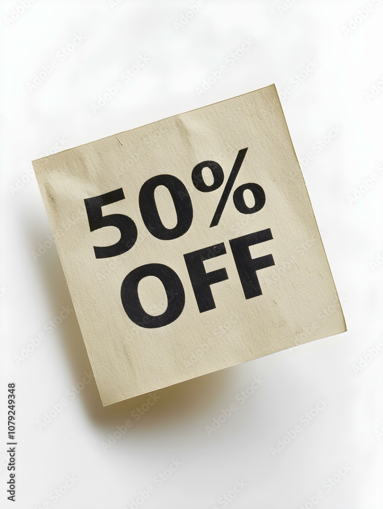 Black '50% OFF' Text on a Beige Square Paper Note. White Background Black '50% OFF' Text on a Beige Square Paper Note. White Background