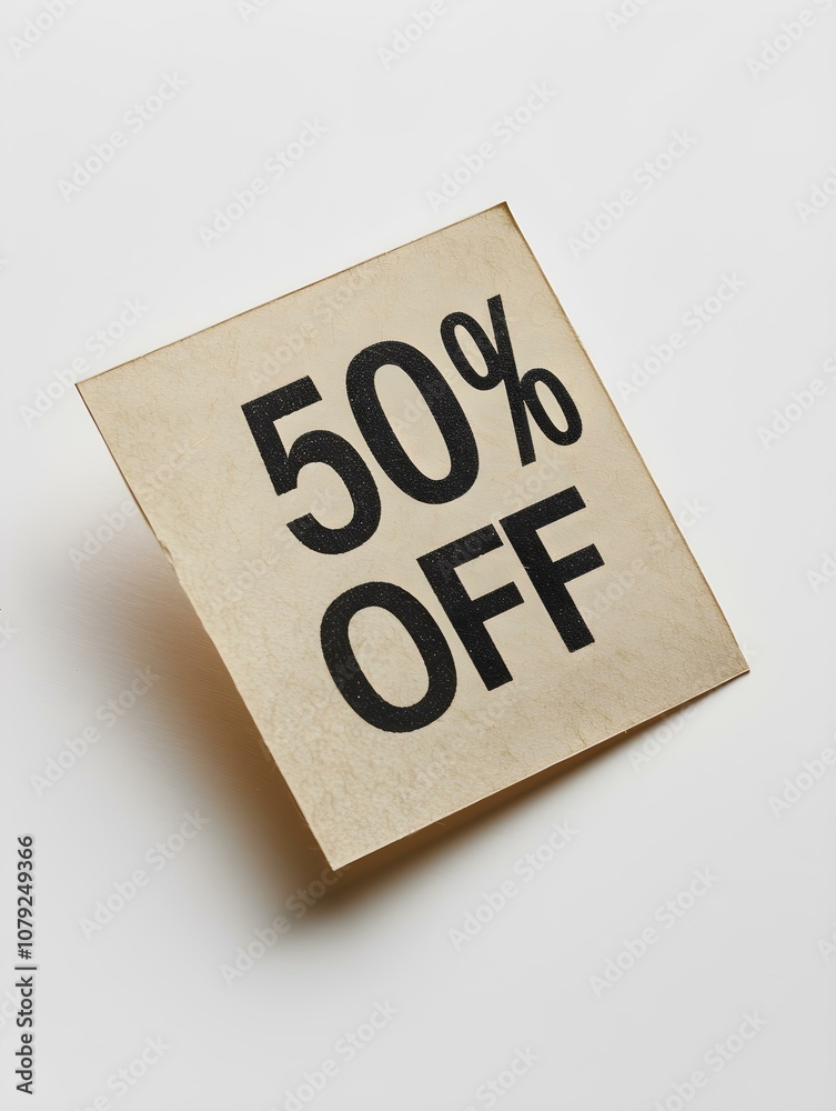 Black '50% OFF' Text on a Beige Square Paper Note. White Background Black '50% OFF' Text on a Beige Square Paper Note. White Background