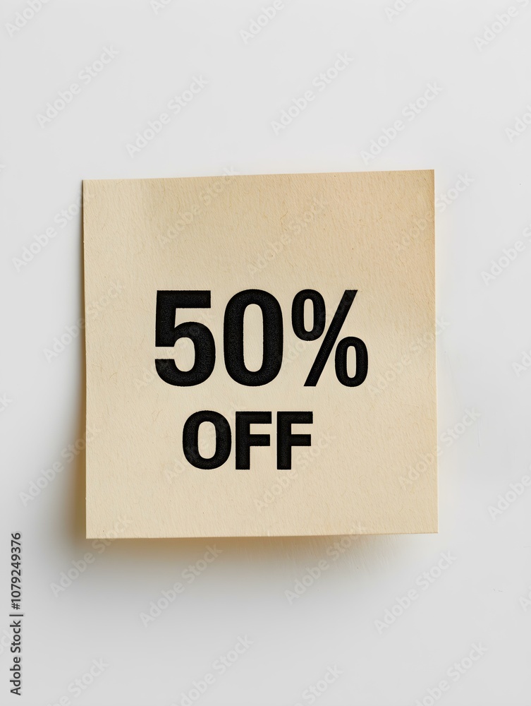 Black '50% OFF' Text on a Beige Square Paper Note. White Background Black '50% OFF' Text on a Beige Square Paper Note. White Background