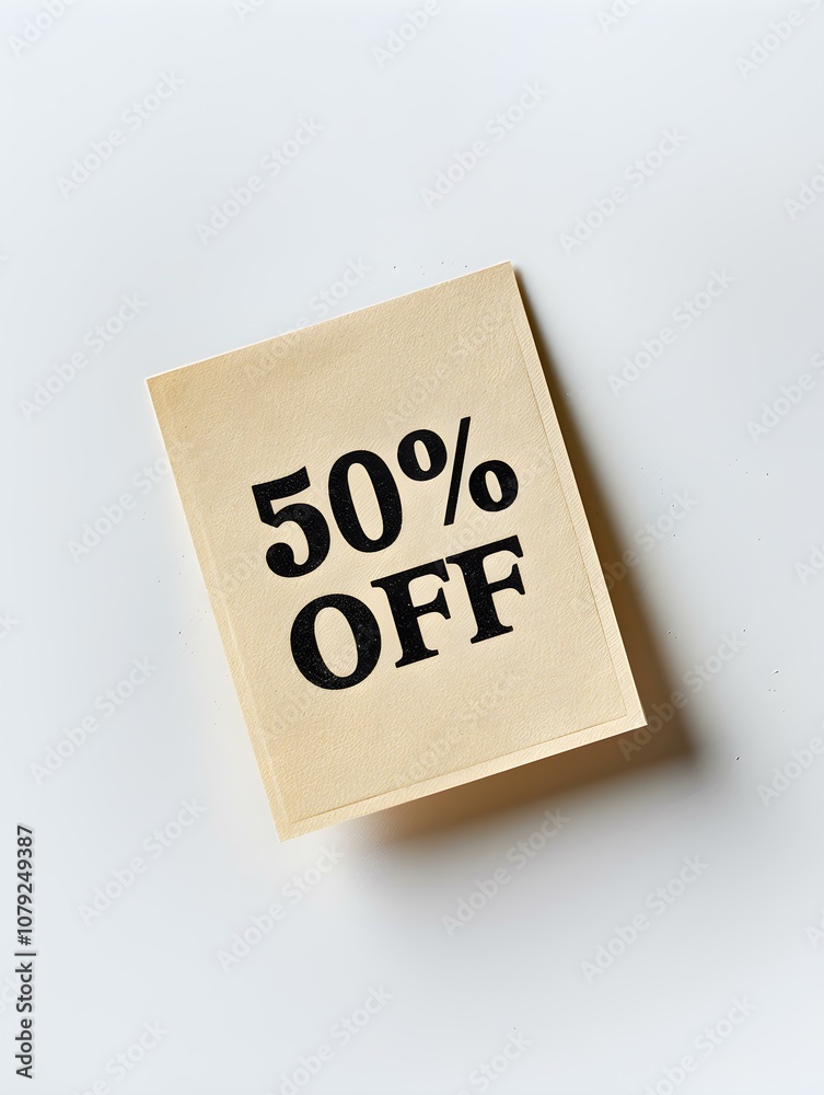 Black '50% OFF' Text on a Beige Square Paper Note. White Background Black '50% OFF' Text on a Beige Square Paper Note. White Background