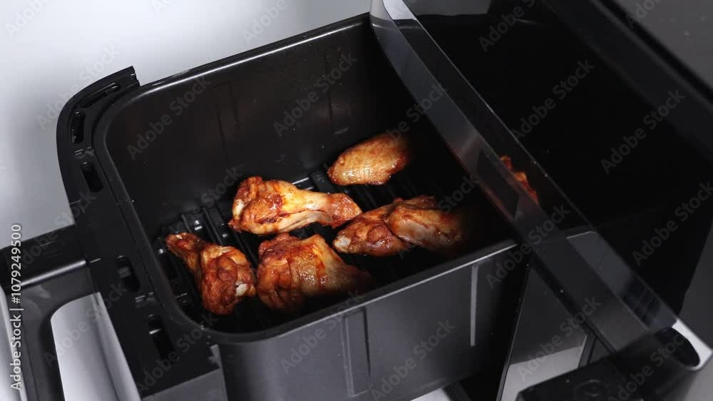 Open air fryer with chicken wings inside, close-up view of roasted meat. Zoom Open air fryer with chicken wings inside, close-up view of roasted meat. Zoom
