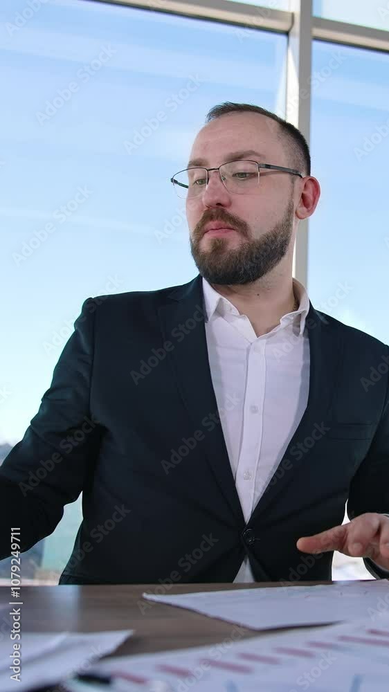 Successful entrepreneur speaking in office. Businessman in glasses and elegant suit sitting at the table in his workplace and talking seriously to someone. Vertical video Successful entrepreneur speaking in office. Businessman in glasses and elegant suit sitting at the table in his workplace and talking seriously to someone. Vertical video