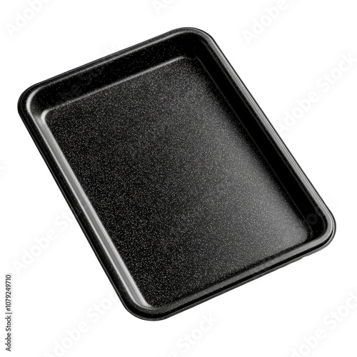 A black foam tray resting on a transparent background highlighting its smooth texture and design, black foam tray on transparent background