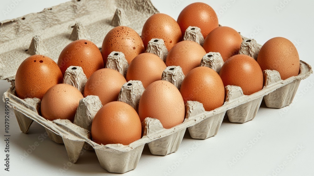 A full carton of brown eggs, with some eggs sticking out, on a white background. A full carton of brown eggs, with some eggs sticking out, on a white background.