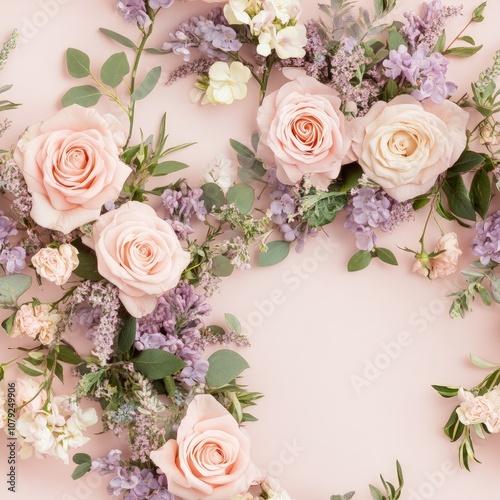 A beautiful arrangement of soft pink roses and lavender flowers on a pastel background, creating an elegant and romantic floral display.