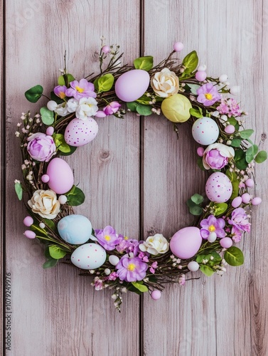 Beautiful Easter wreath with pastel eggs and fresh flowers hanging on a rustic wooden door