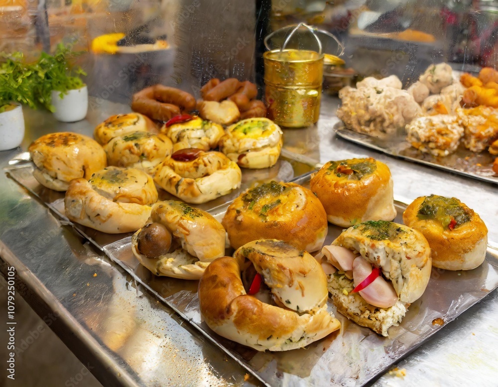 Savory Stuffed Pastries Filled with Spiced Meat and Vegetables, Baked to Golden Perfection and Presented in a Bright Street Food Stall Setup Savory Stuffed Pastries Filled with Spiced Meat and Vegetables, Baked to Golden Perfection and Presented in a Bright Street Food Stall Setup