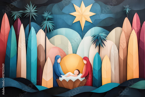 Colorful nativity scene illustration with abstract shapes and bright star, modern depiction of the Christmas story