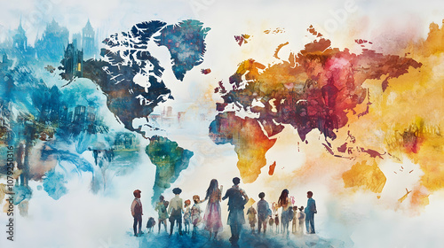 Artistic Watercolor World Map Featuring Diverse Figures Representing Global Connections-