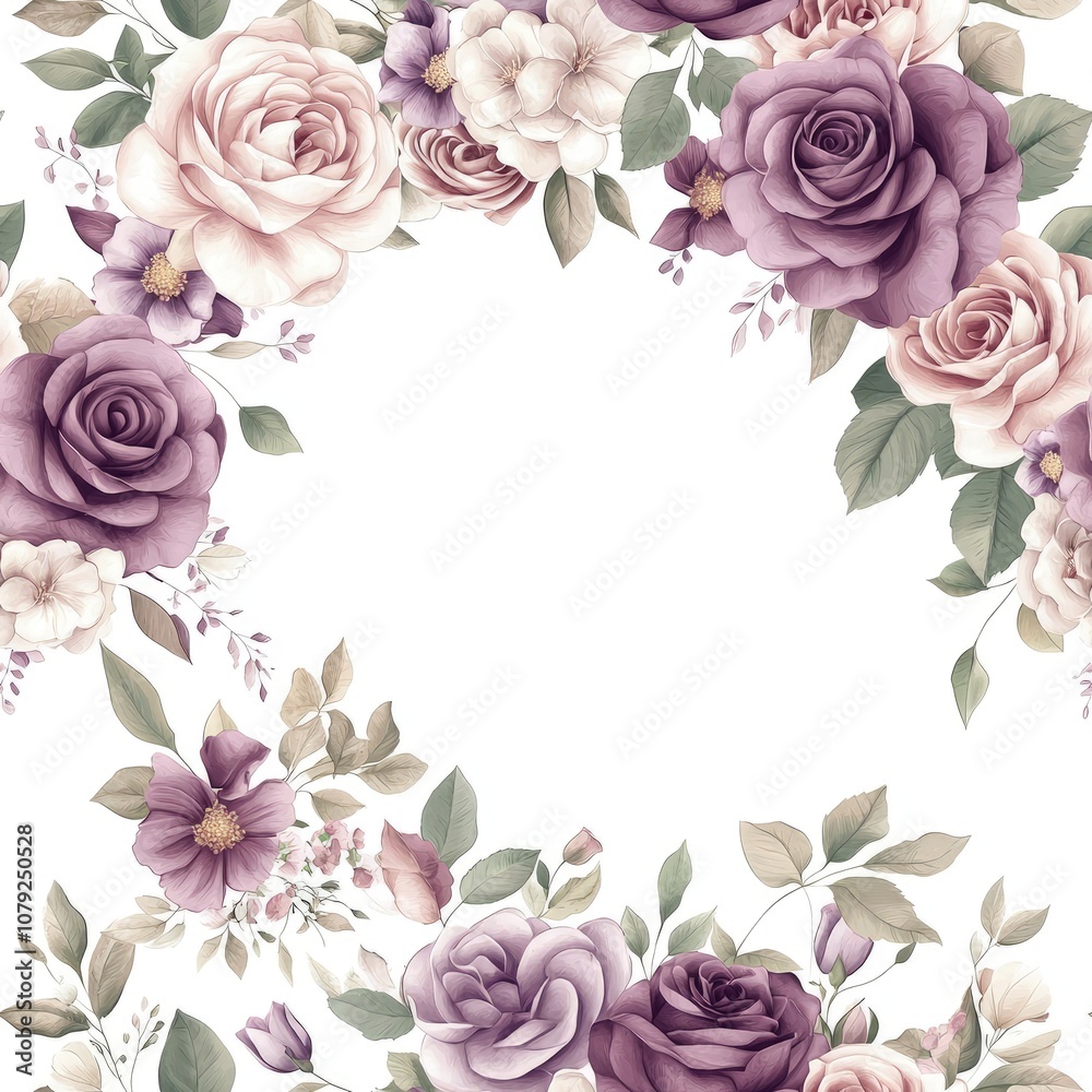 A floral design featuring roses in shades of purple and pink, elegantly framing a blank white space in the center. A floral design featuring roses in shades of purple and pink, elegantly framing a blank white space in the center.