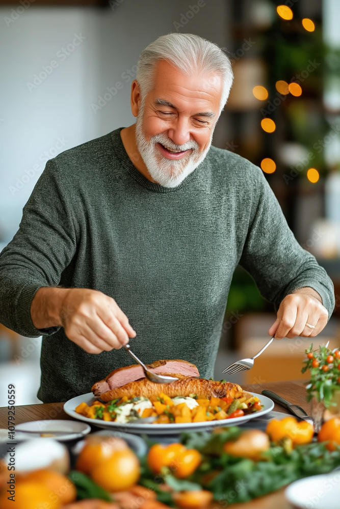 A joyful senior man enjoying a festive meal with family in a cozy dining room A joyful senior man enjoying a festive meal with family in a cozy dining room