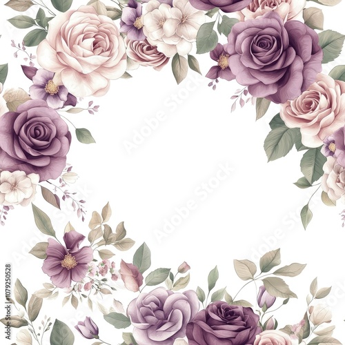 A floral design featuring roses in shades of purple and pink, elegantly framing a blank white space in the center.