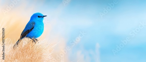 A blue bird sitting on top of a dry grass field photo