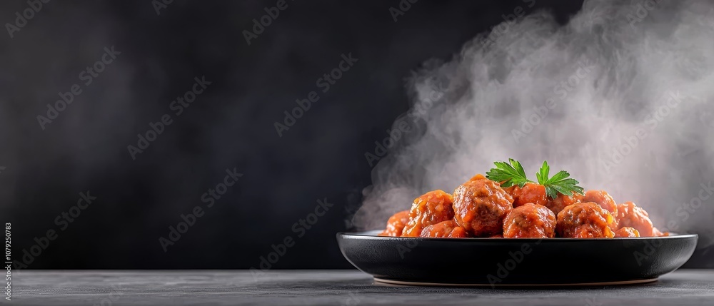 A plate of meatballs with sauce and parsley on a table A plate of meatballs with sauce and parsley on a table