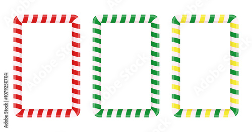 Candy canes rectangular frames set. Christmas striped seamless borders.