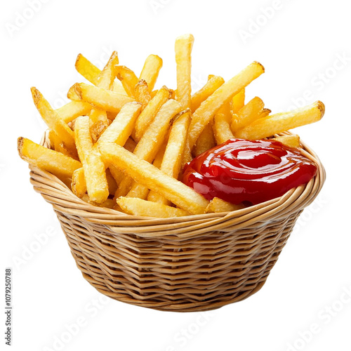 French fries in basket with ketchup isolated on transparent background.