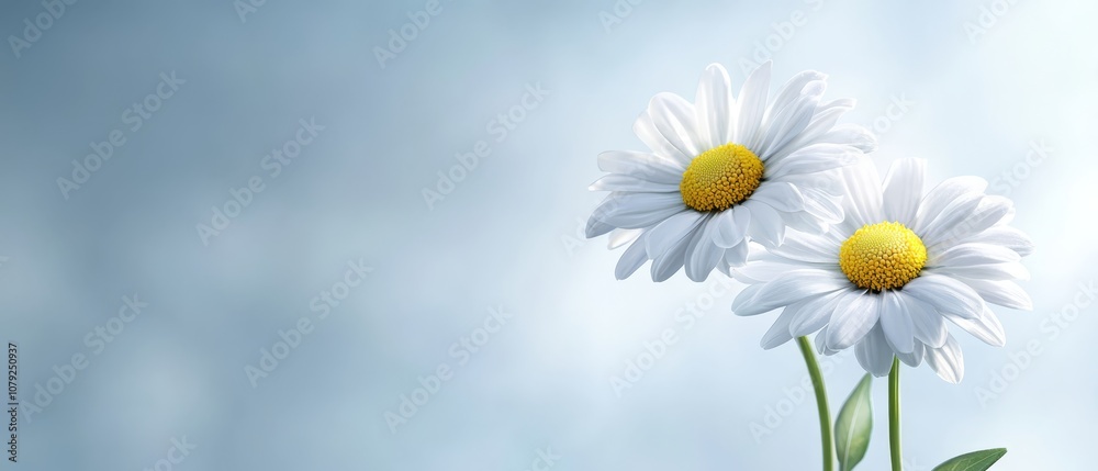 Two white daisies with yellow centers on a blue background Two white daisies with yellow centers on a blue background