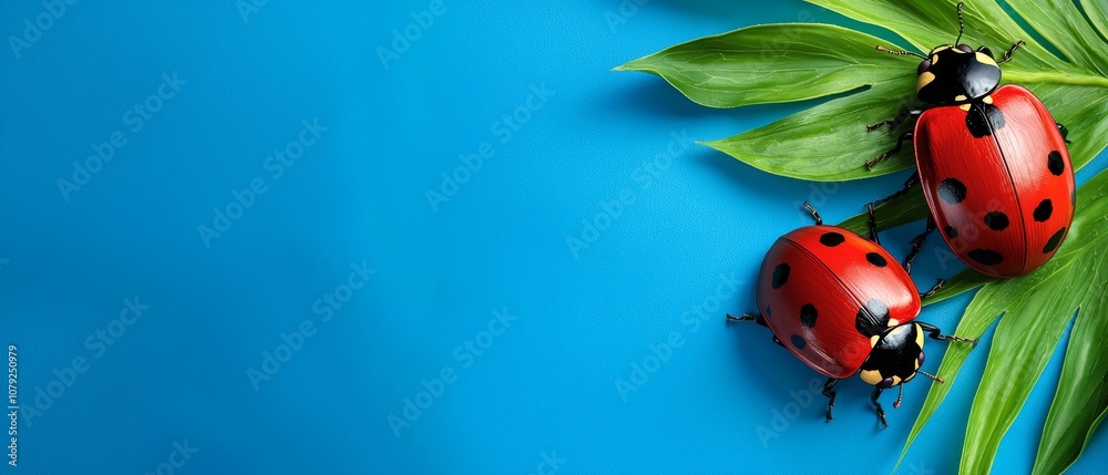 Fototapeta premium Two red ladybugs on a green leaf on a blue background