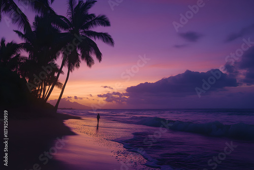 Tranquil Beach Sunrise: A Serene Morning Walk Along the Water's Edge as Palm Trees Sway in the Breeze