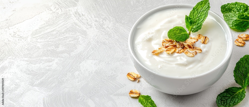 A bowl of yogurt with walnuts and mint leaves A bowl of yogurt with walnuts and mint leaves
