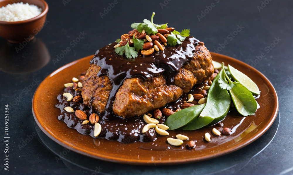A plate of food with a large piece of meat covered in a dark sauce, topped with almonds and cilantro A plate of food with a large piece of meat covered in a dark sauce, topped with almonds and cilantro