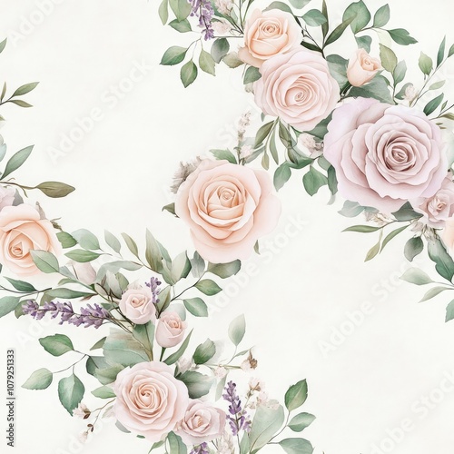 A soft floral design featuring pale roses and lavender, intertwined with lush green leaves on a light background, perfect for romantic themes or decorations.