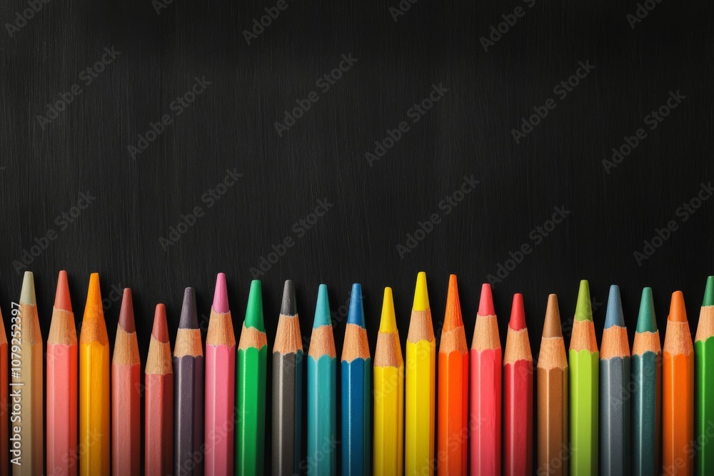 Colorful Pencils Aligned Against a Sleek Black Background for Creative Inspiration Colorful Pencils Aligned Against a Sleek Black Background for Creative Inspiration