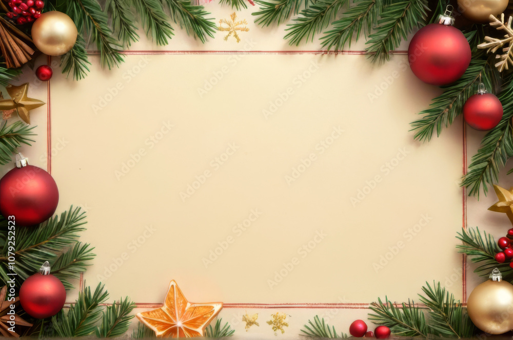 Elegant Christmas Background with Festive Border of Ornaments and Pine Branches.