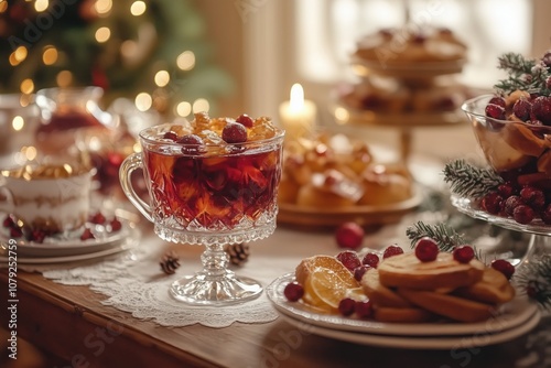 Festive christmas table adorned with a crystal glass of fruit punch, cookies, pastries, and other treats, with a glowing christmas tree in the background, setting a cozy holiday atmosphere