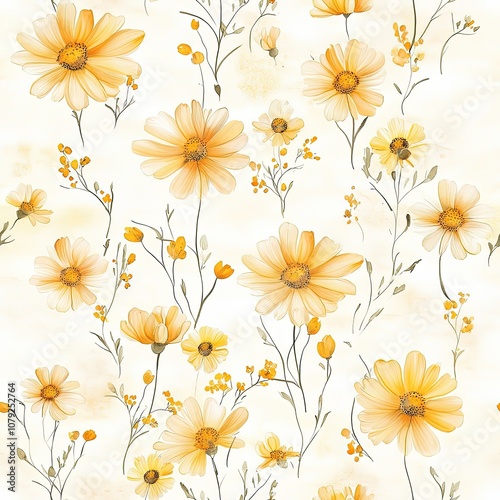 Wallpaper Mural A delicate floral pattern featuring soft yellow flowers and green stems on a light background, perfect for textiles or decorative purposes. Torontodigital.ca
