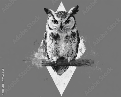 Minimalist Owl Silhouette: Perched Elegantly on a Triangle, White on Grey photo