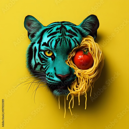 Italian spaghetti in sauce and tomatoes and tiger head, healthy food poster concept. photo