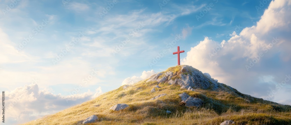 A red cross on top of a grassy hill under a cloudy sky A red cross on top of a grassy hill under a cloudy sky