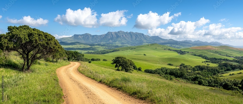 A dirt road in the middle of a grassy field with mountains in the background A dirt road in the middle of a grassy field with mountains in the background