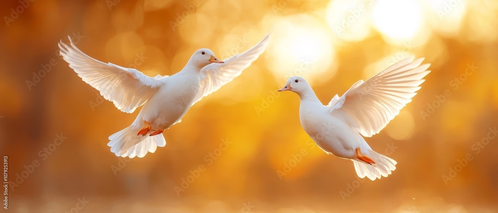 Obraz premium Two white ducks flying in the air with their wings spread