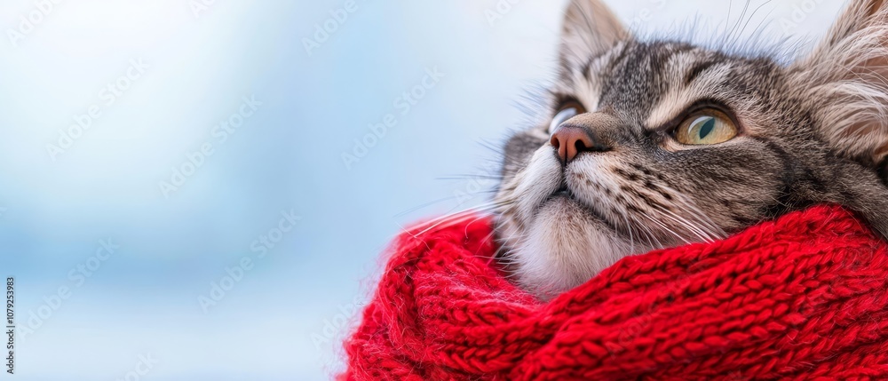 A cat wearing a red scarf looking up at the sky A cat wearing a red scarf looking up at the sky