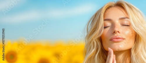 a woman with her eyes closed in front of a field of sunflowers