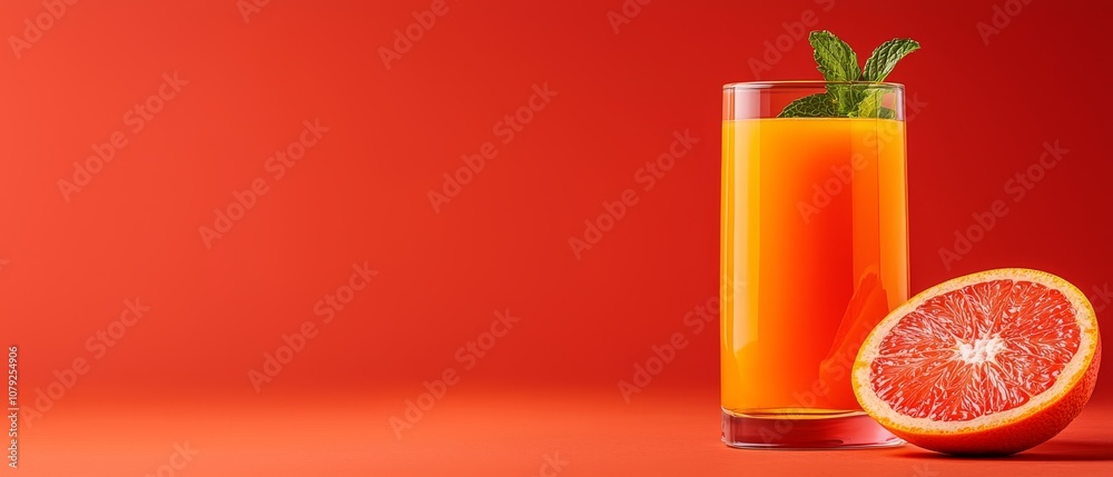 A glass of orange juice next to a half of a grapefruit A glass of orange juice next to a half of a grapefruit