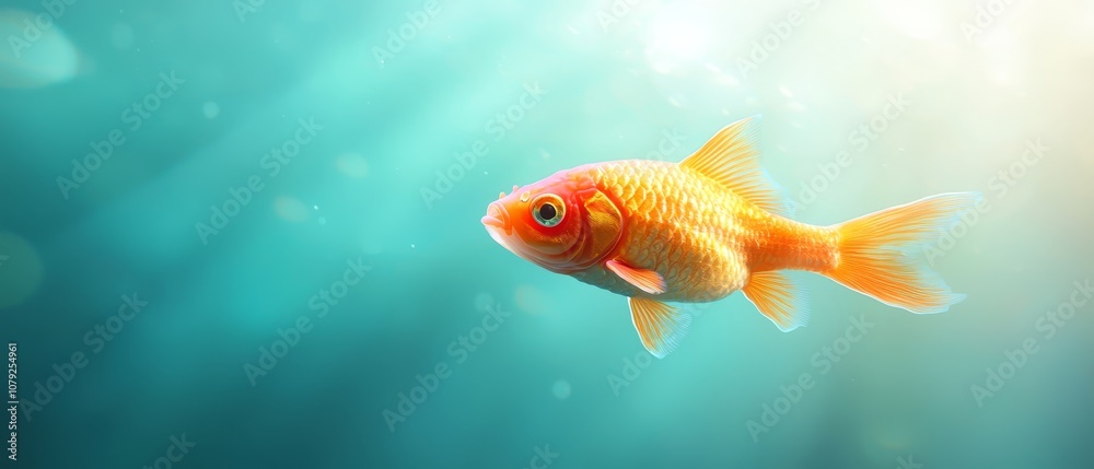 A goldfish swimming in the water with a blue background A goldfish swimming in the water with a blue background