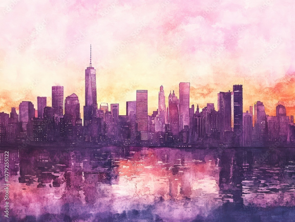 Fototapeta premium Watercolor painting of city skyline at dusk.