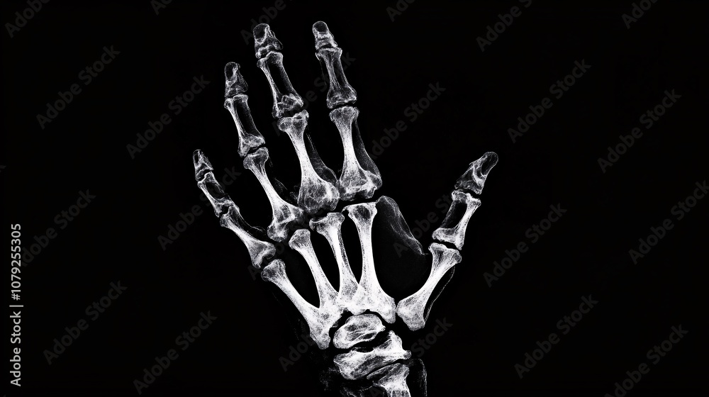 High-contrast X-ray image of a right hand, with the middle and index fingers missing, focusing on the bone structure and amputation High-contrast X-ray image of a right hand, with the middle and index fingers missing, focusing on the bone structure and amputation