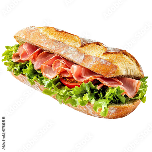 Fresh bread sandwich with ham, lettuce and tomato, banner isolated on transparent background.