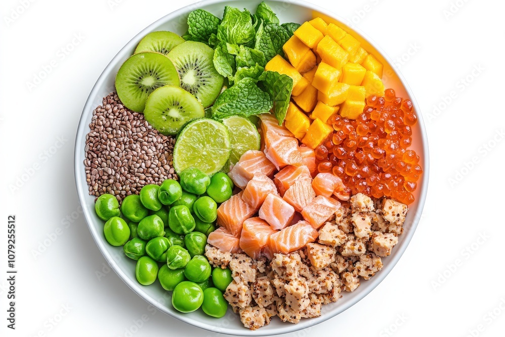 Delicious and colorful poke bowl with salmon, mango, kiwi, peas, and chia seeds.